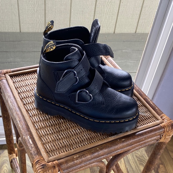 Dr. Martens Shoes - Dr. Martens Black Leather Platform Heart-Buckle Combat Boots